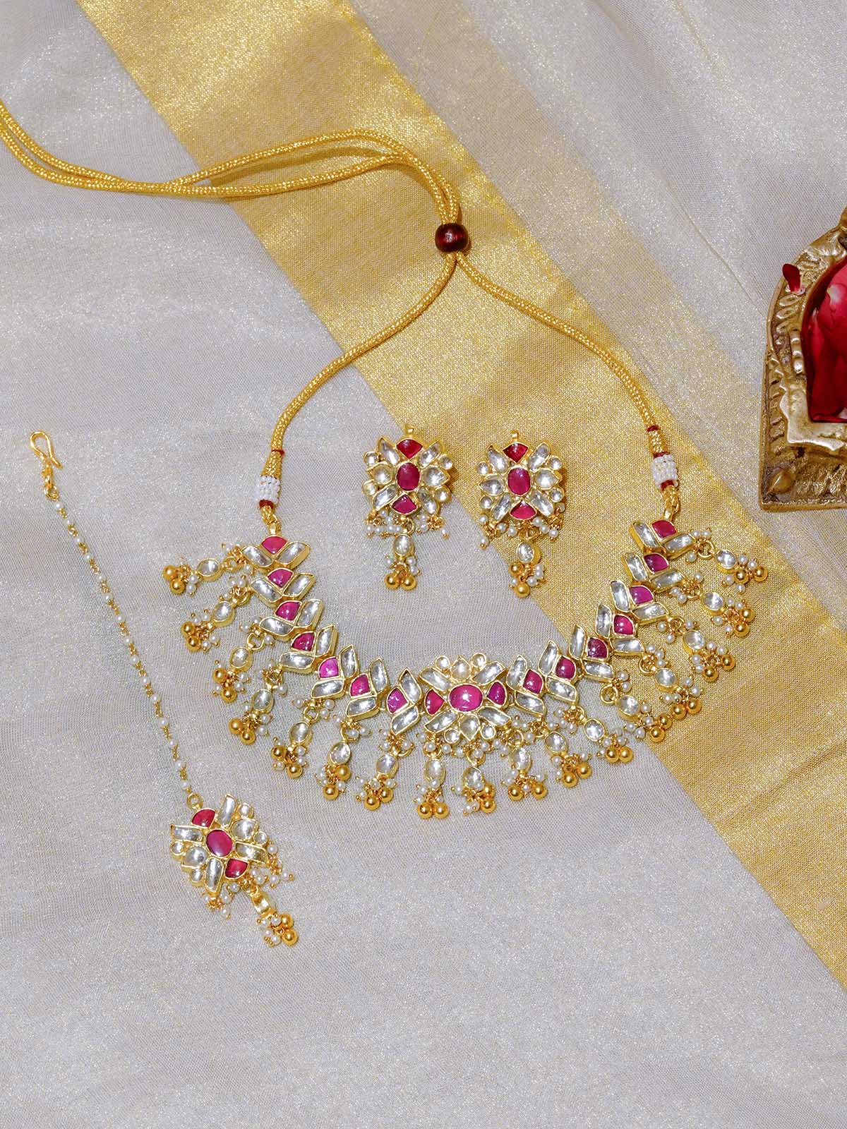 MS1339YP - Pink Color Gold Plated Jadau Kundan Necklace Set