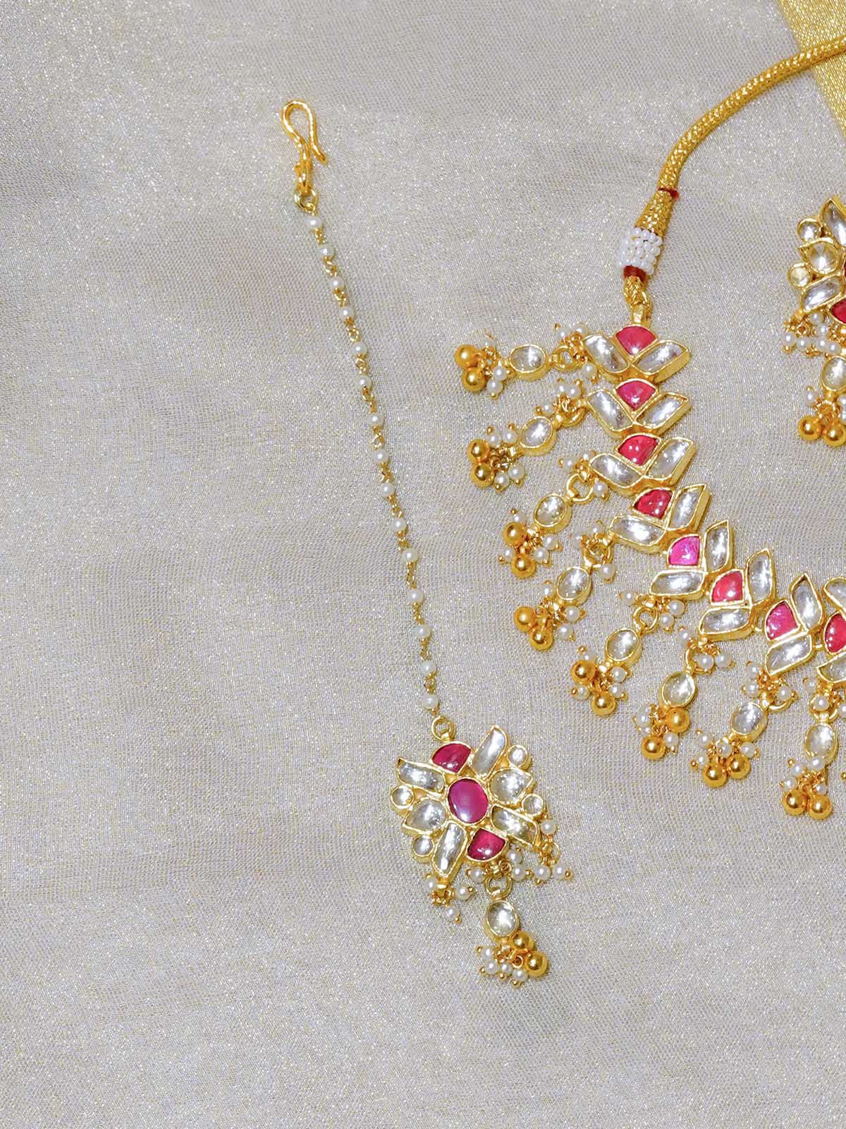 MS1339YP - Pink Color Gold Plated Jadau Kundan Necklace Set
