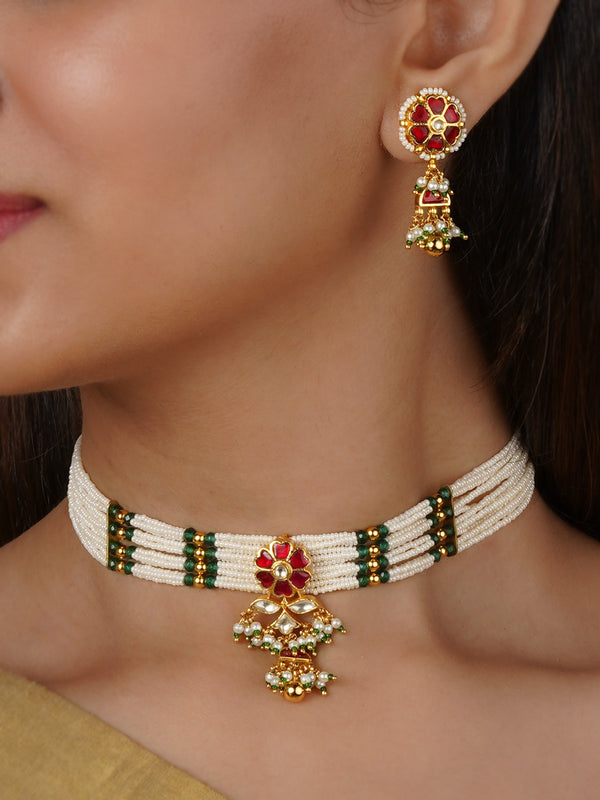 Red Color Gold Plated Jadau Kundan Necklace Set - MS1349R