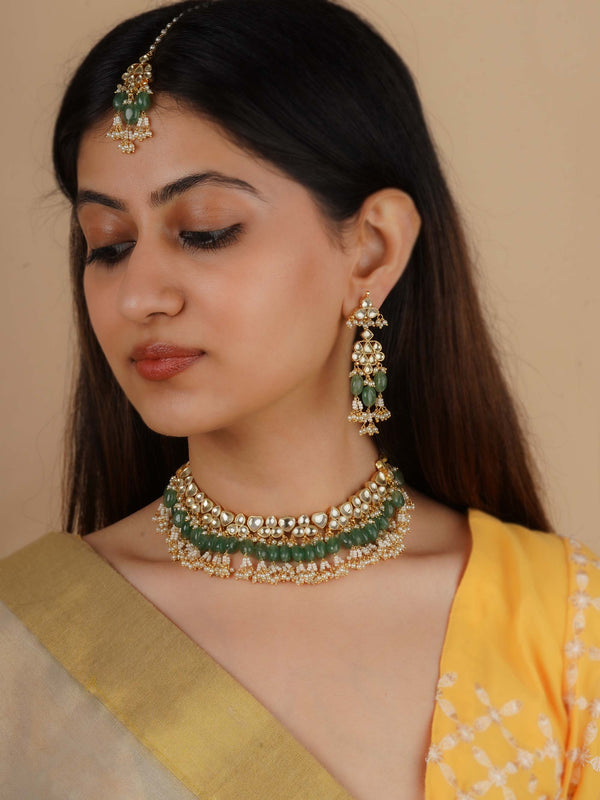 MS1359YD - Green Color Gold Plated Jadau Kundan Bridal Necklace Set