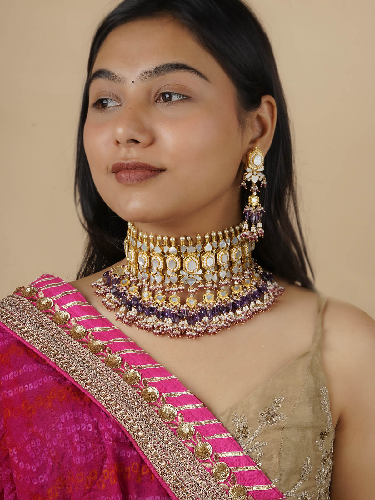 MS1377 - Multicolor Gold Plated Jadau Kundan Necklace Set
