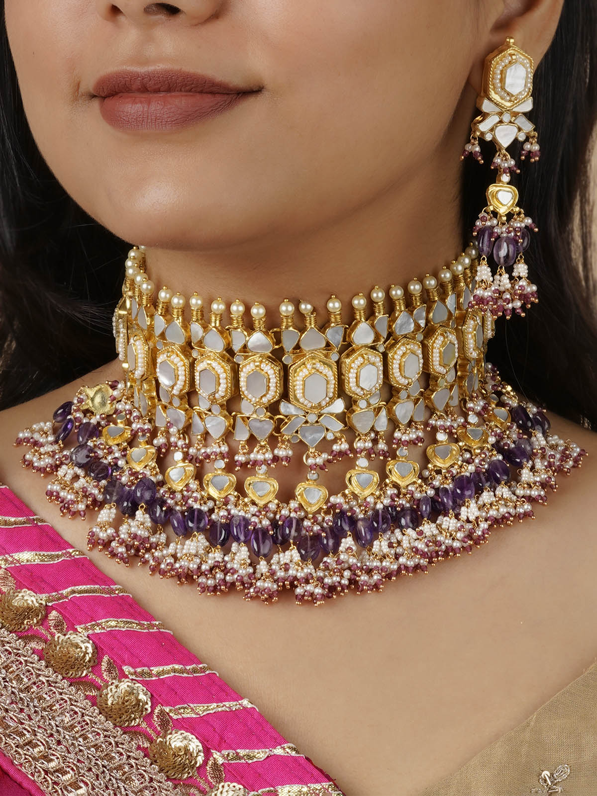MS1377 - Multicolor Gold Plated Jadau Kundan Necklace Set