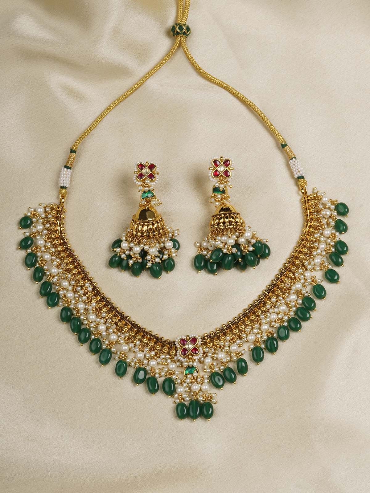 MS1393M - Green Color Gold Plated Jadau Kundan Necklace Set