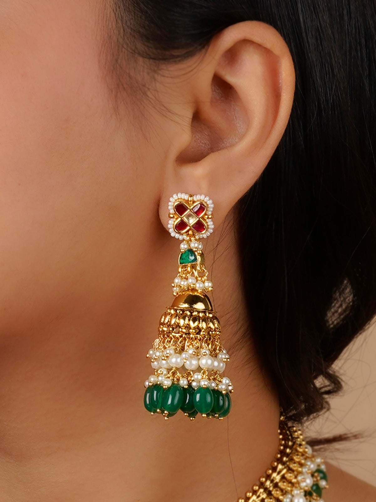 MS1393M - Green Color Gold Plated Jadau Kundan Necklace Set