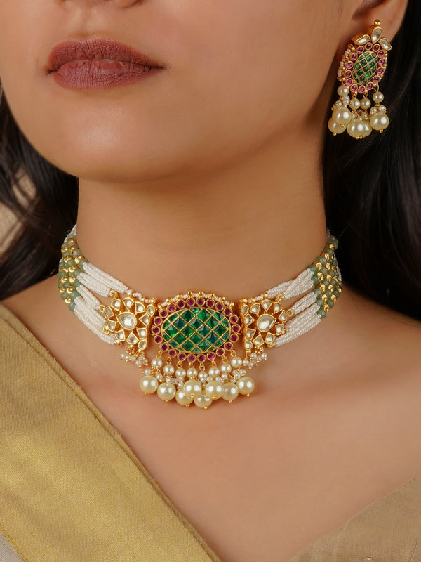 MS1398M - Multicolor Gold Plated Jadau Kundan Necklace Set