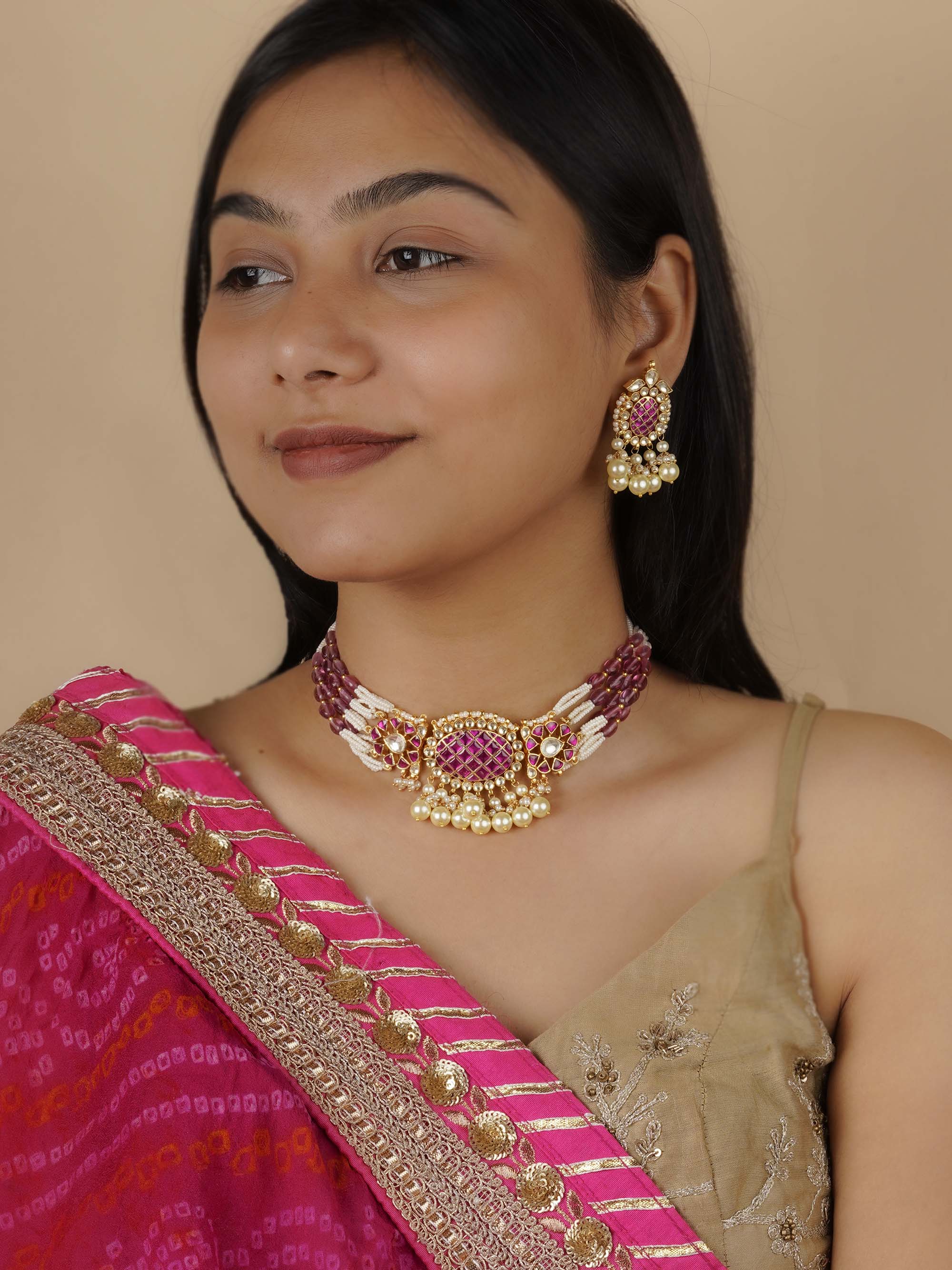 MS1398P - Pink Color Gold Plated Jadau Kundan Necklace Set