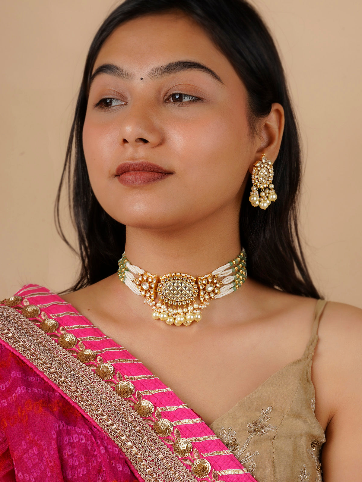 MS1398Y - Green Color Gold Plated Jadau Kundan Necklace Set