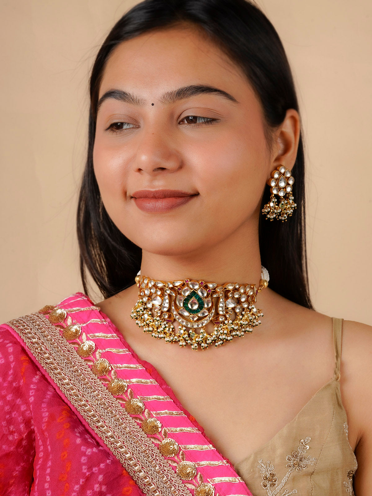 MS1401MW - Multicolor Gold Plated Jadau Kundan Necklace Set