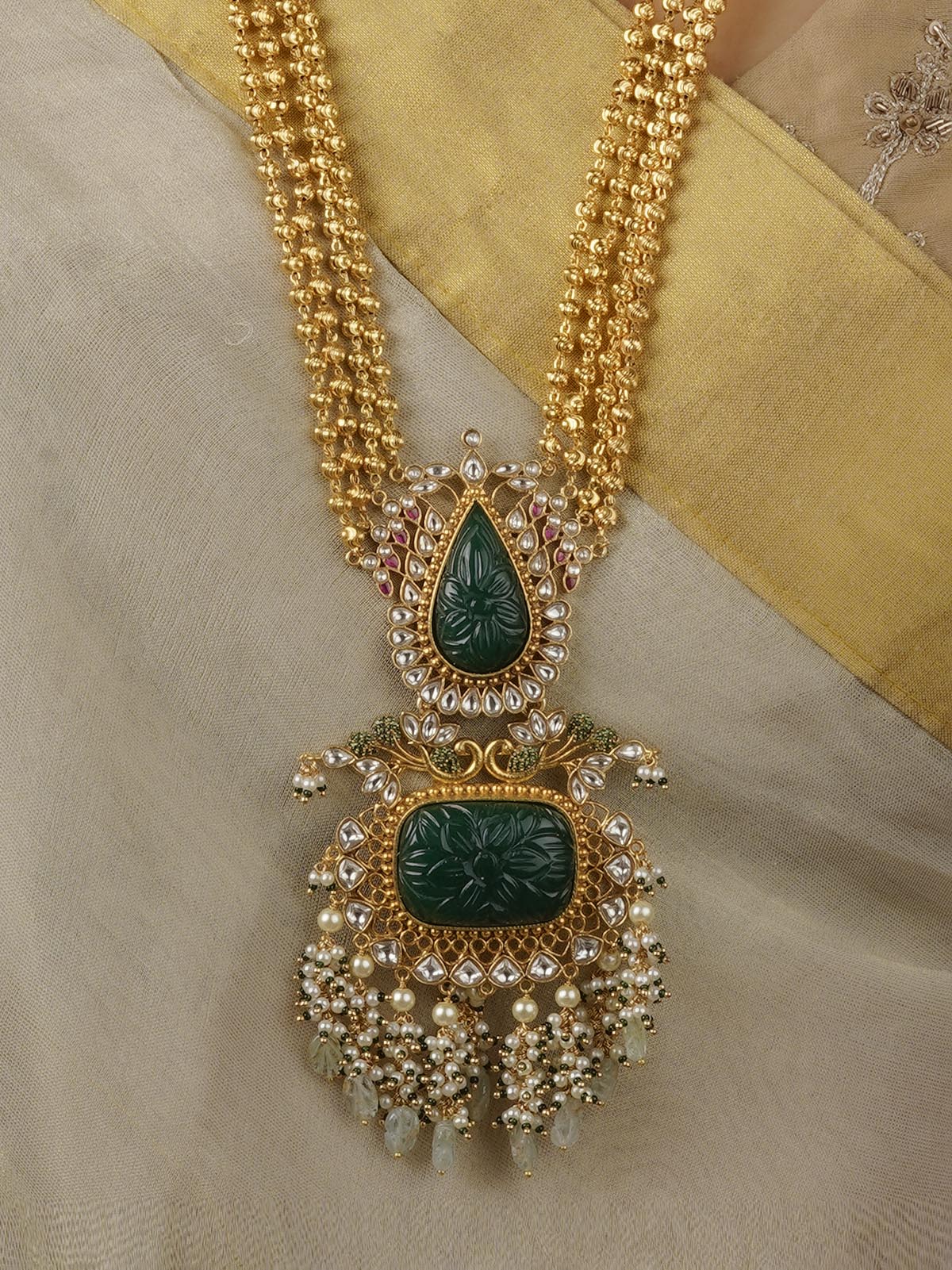 MS1403GR - Green Color Gold Plated Jadau Kundan Necklace Set