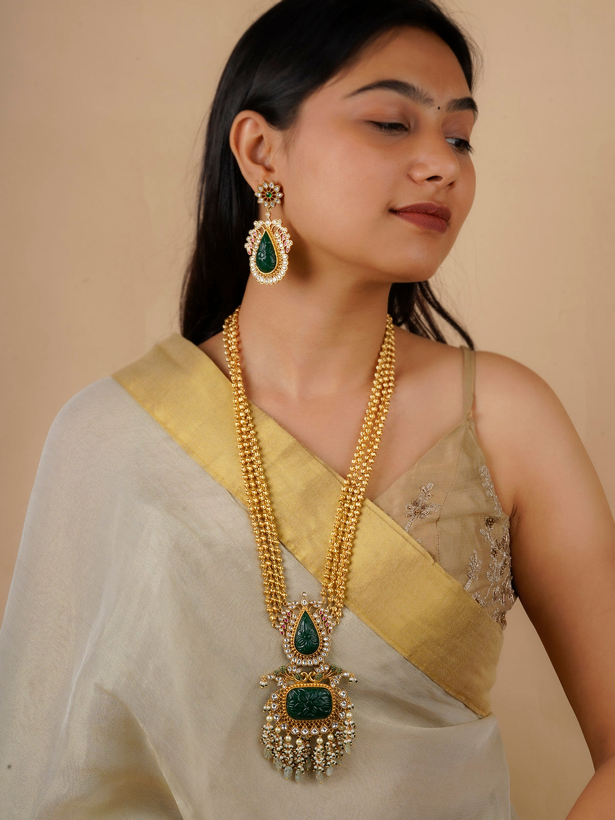 MS1403GR - Green Color Gold Plated Jadau Kundan Necklace Set