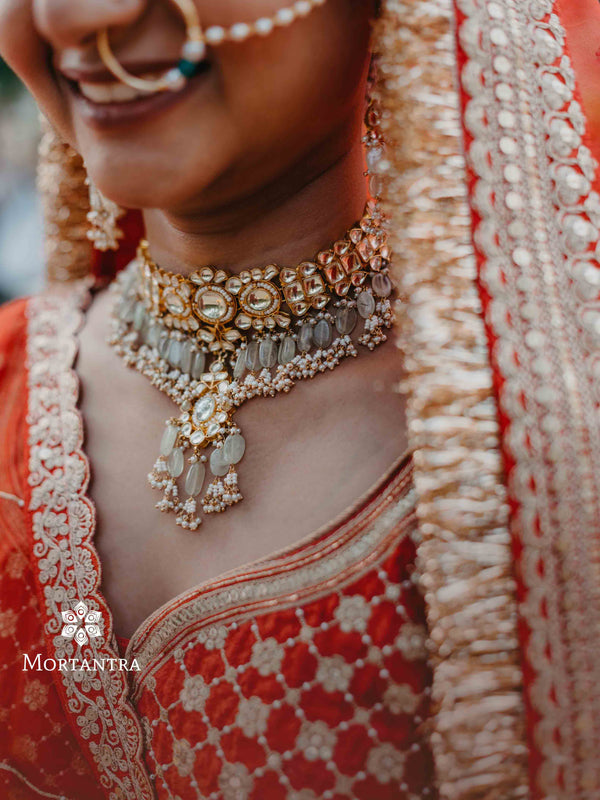 MS1411Y - White Color Gold Plated Jadau Kundan Bridal Necklace Set