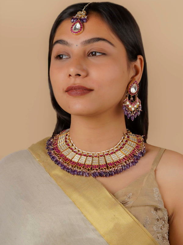 MS1431WP - Pink Color Gold Plated Jadau Kundan Bridal Necklace Set