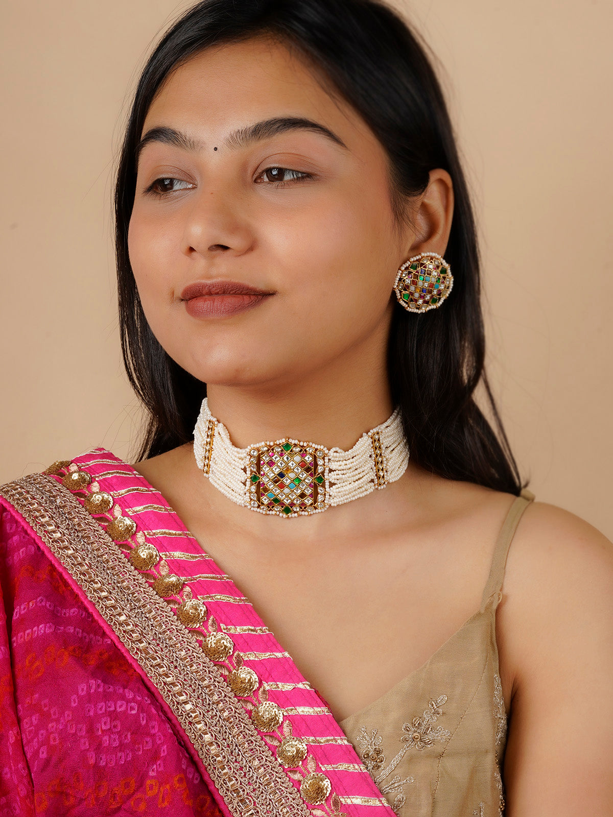 MS1432N - Navratna Gold Plated Jadau Kundan Necklace Set