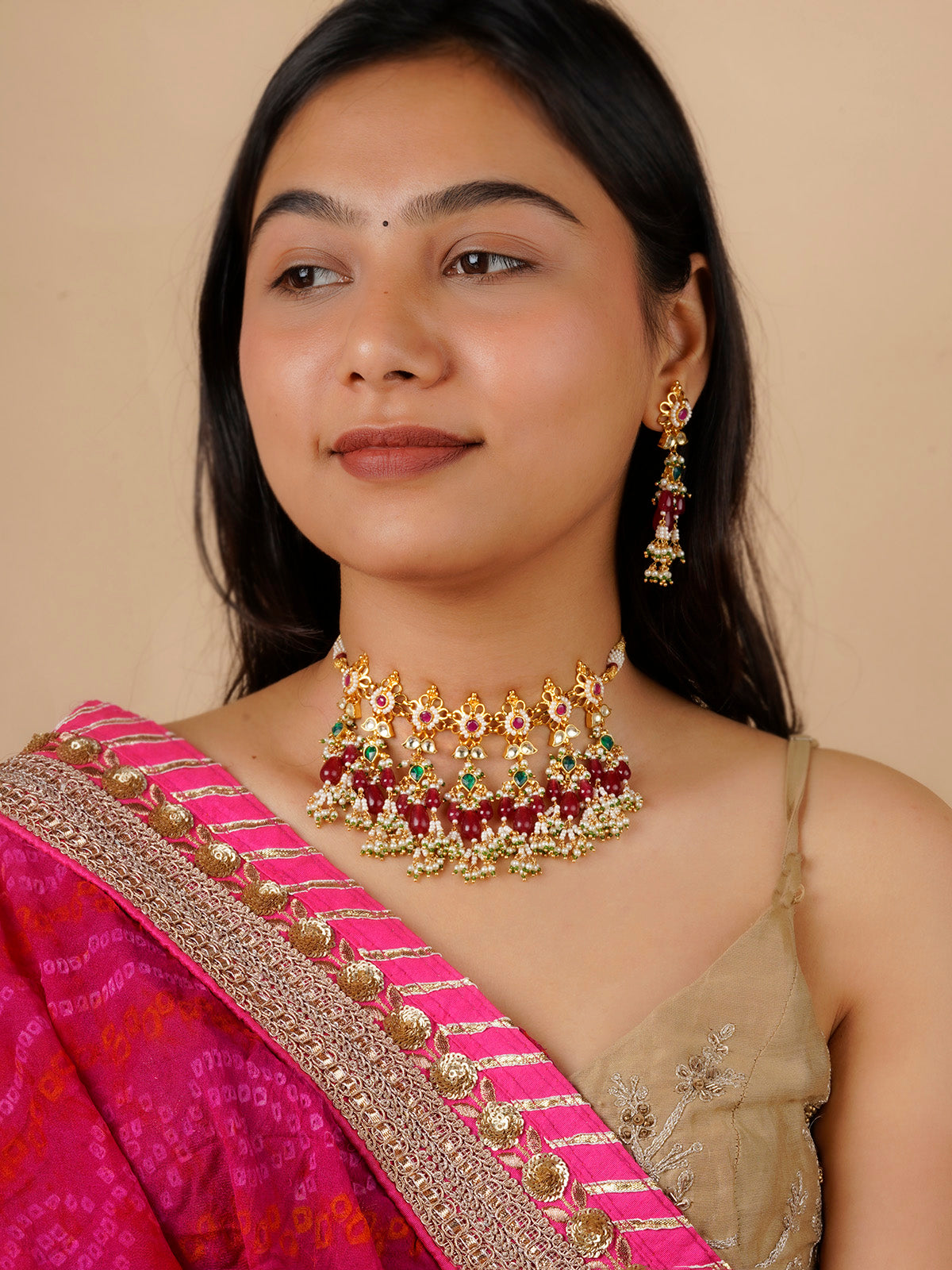 MS1451M - Multicolor Gold Plated Jadau Kundan Necklace Set