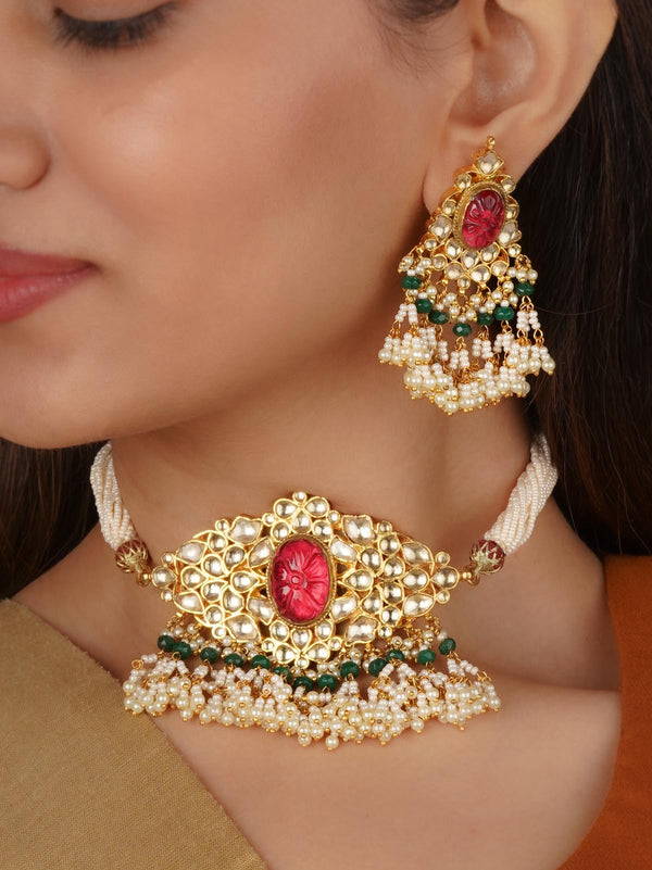 Maroon Color Gold Plated Jadau Kundan Necklace Set - MS1455YMR