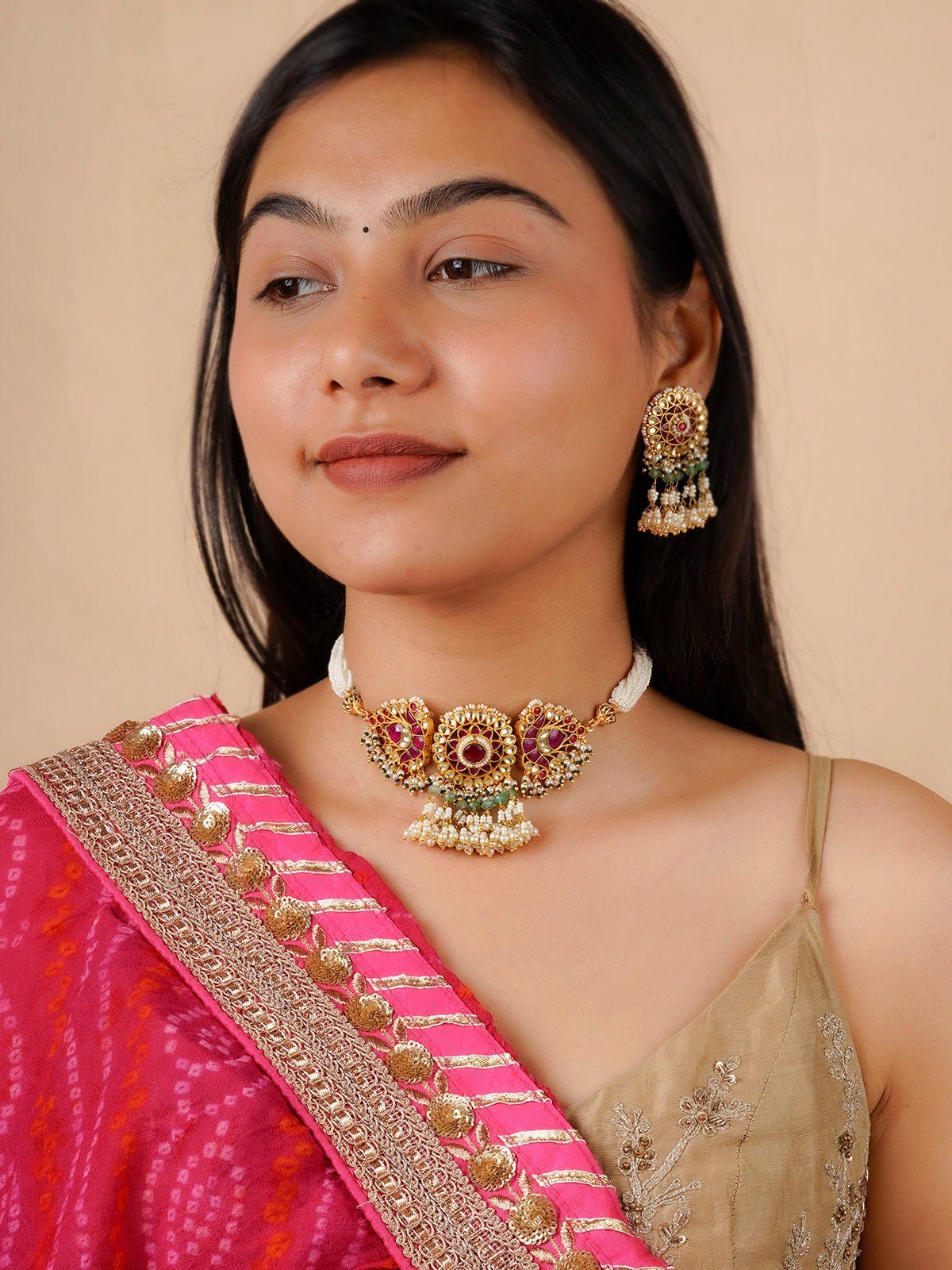 MS1457YP - Pink Color Gold Plated Jadau Kundan Necklace Set