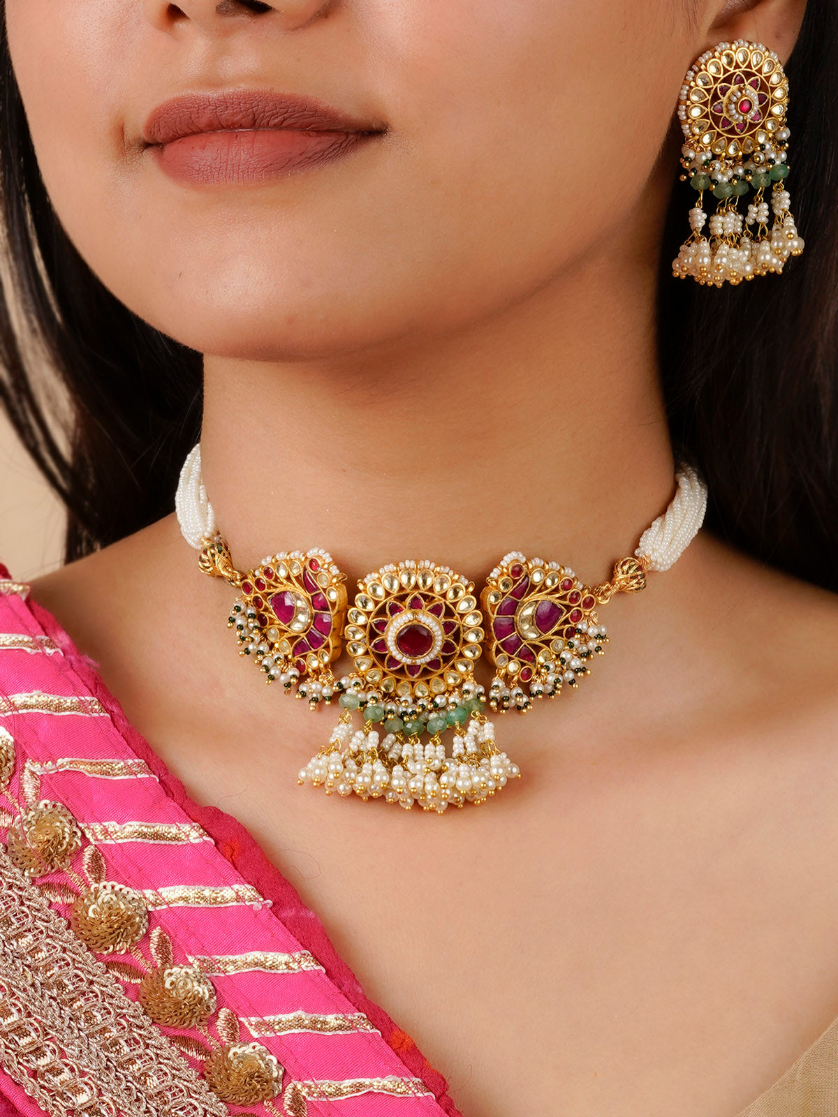 MS1457YP - Pink Color Gold Plated Jadau Kundan Necklace Set