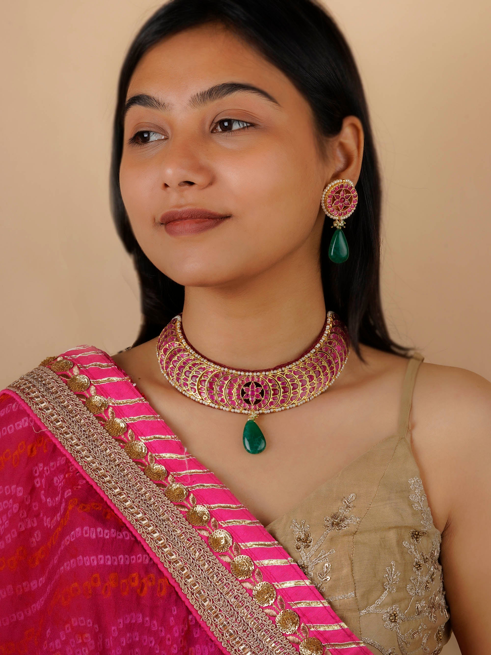MS1461P - Pink Color Gold Plated Jadau Kundan Necklace Set