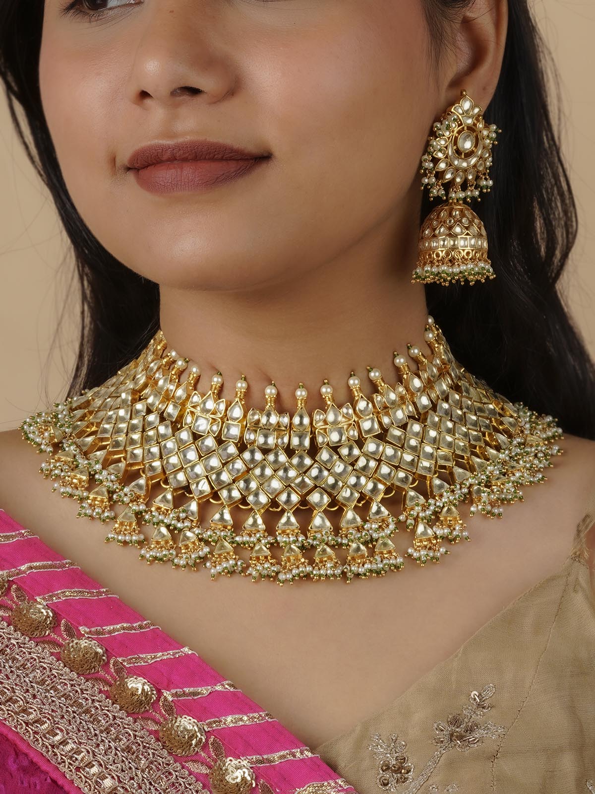 MS1471Y - Green Color Gold Plated Jadau Kundan Necklace Set