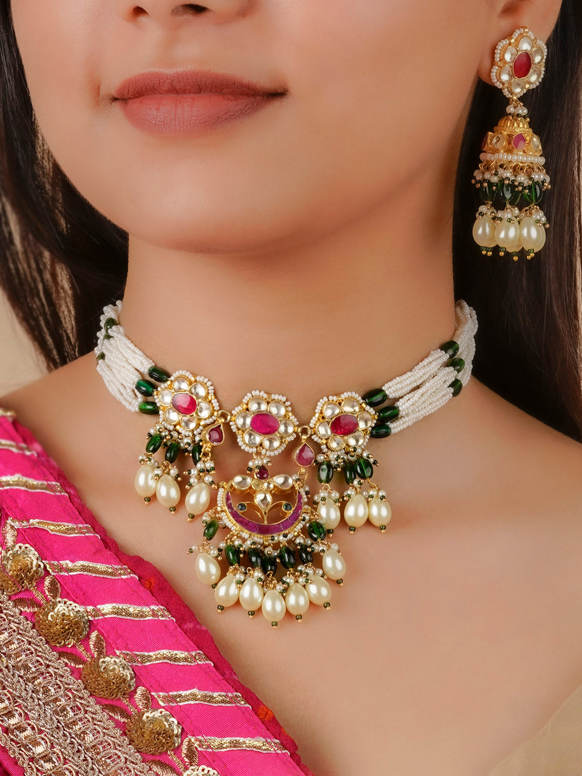 MS1492M - Multicolor Gold Plated Jadau Kundan Necklace Set
