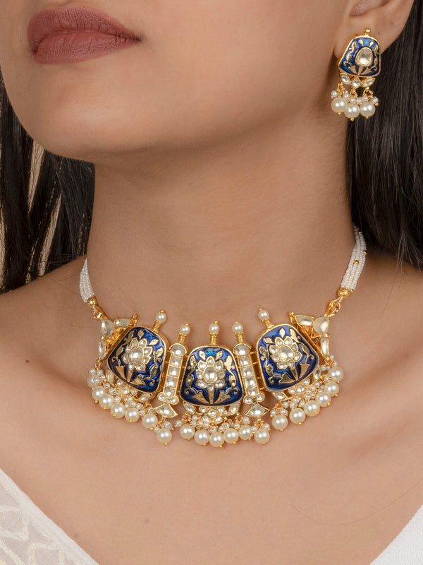 MS1495BL - Blue Color Gold Plated Jadau Kundan Choker Necklace Set