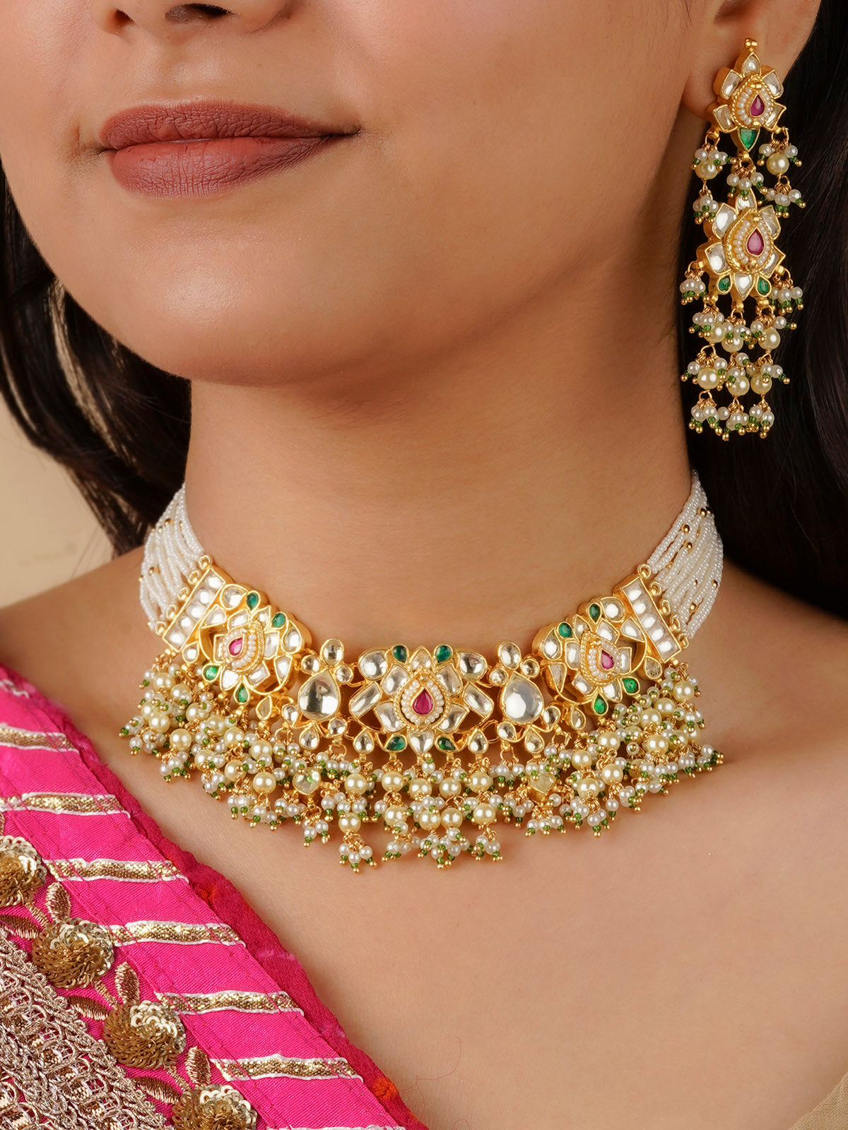 MS1499M - Multicolor Gold Plated Jadau Kundan Necklace Set