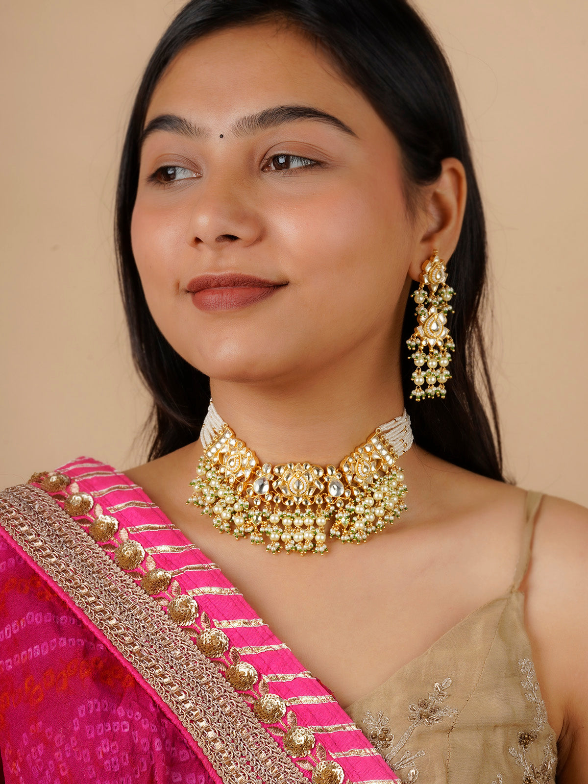 MS1499Y - Green Color Gold Plated Jadau Kundan Necklace Set