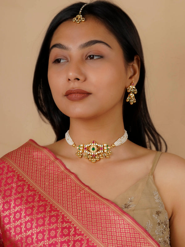 MS1525M - Multicolor Gold Plated Jadau Kundan Bridal Necklace Set