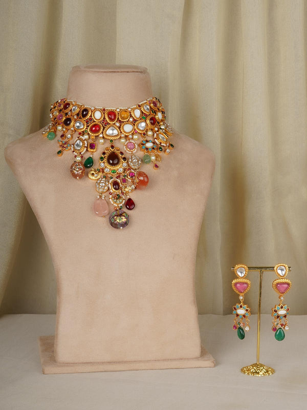 Multicolor Gold Plated Jadau Kundan Necklace Set - MS1579