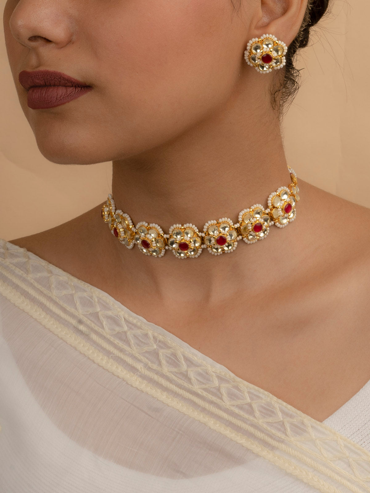 MS1591YP - Pink Color Gold Plated Jadau Kundan Short Choker Necklace Set