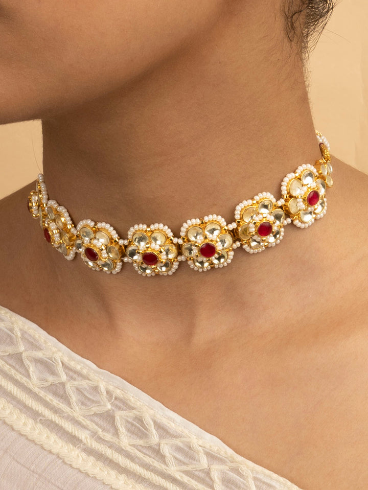 MS1591YP - Pink Color Gold Plated Jadau Kundan Short Choker Necklace Set