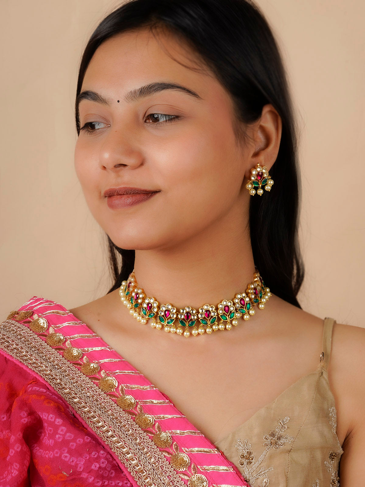 MS1600M - Multicolor Gold Plated Jadau Kundan Necklace Set