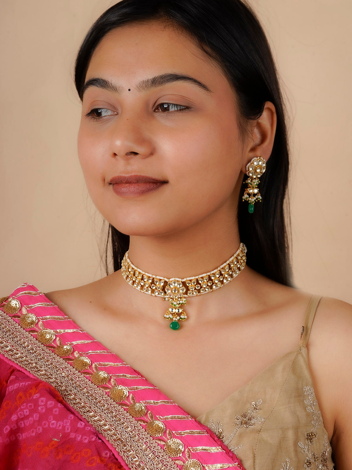 MS1613Y - Green Color Gold Plated Jadau Kundan Necklace Set