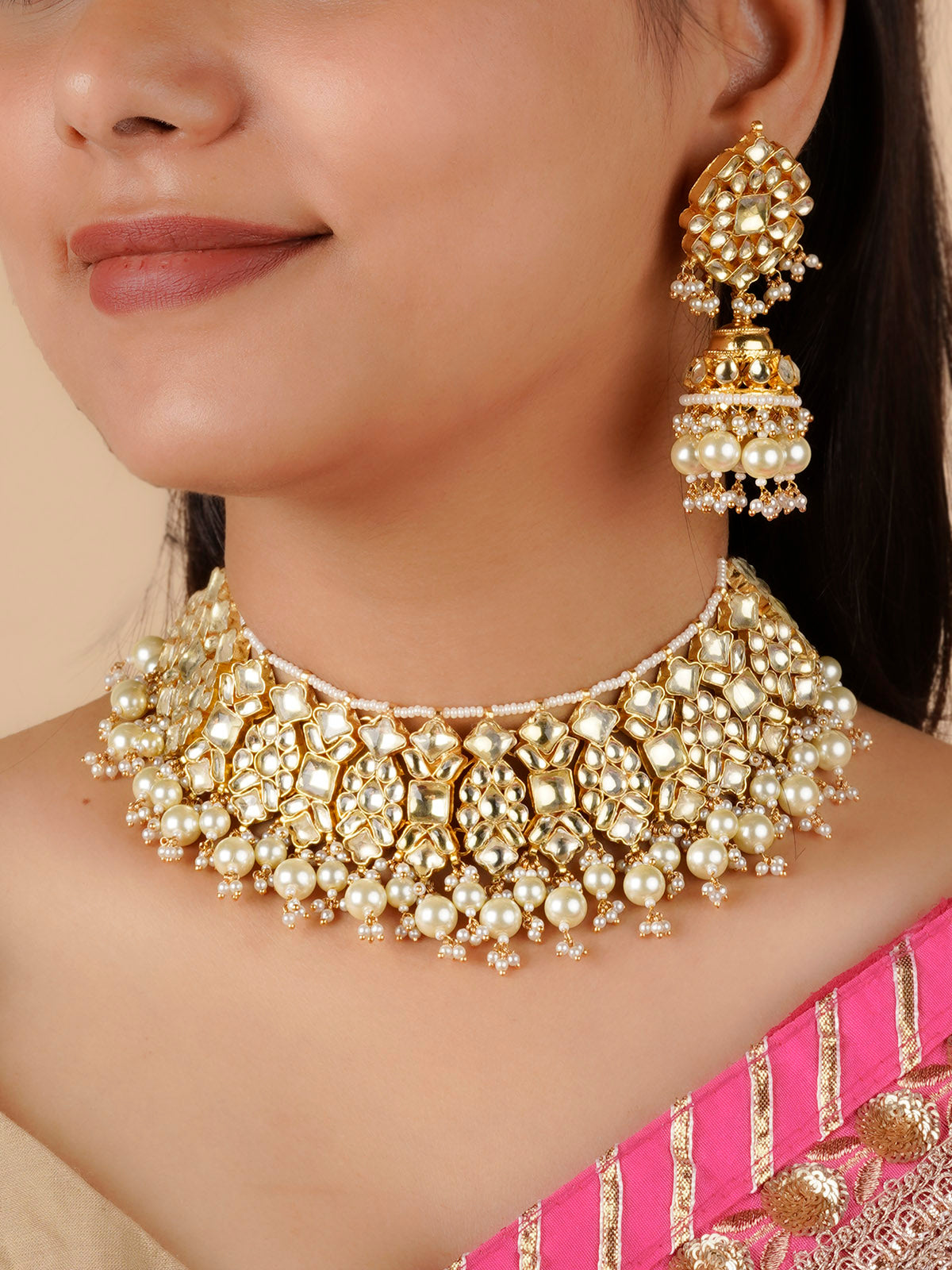 MS1617Y - White Color Gold Plated Jadau Kundan Necklace Set
