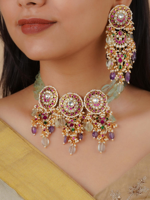 MS1619MA - Multicolor Gold Plated Jadau Kundan Necklace Set