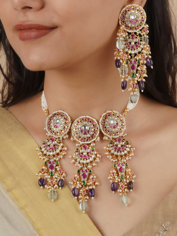 MS1619M - Pink Color Gold Plated Jadau Kundan Necklace Set