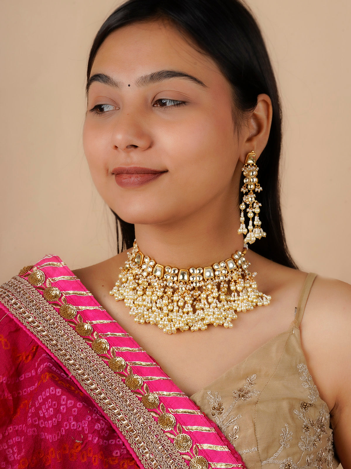 MS1637Y - White Color Gold Plated Jadau Kundan Necklace Set