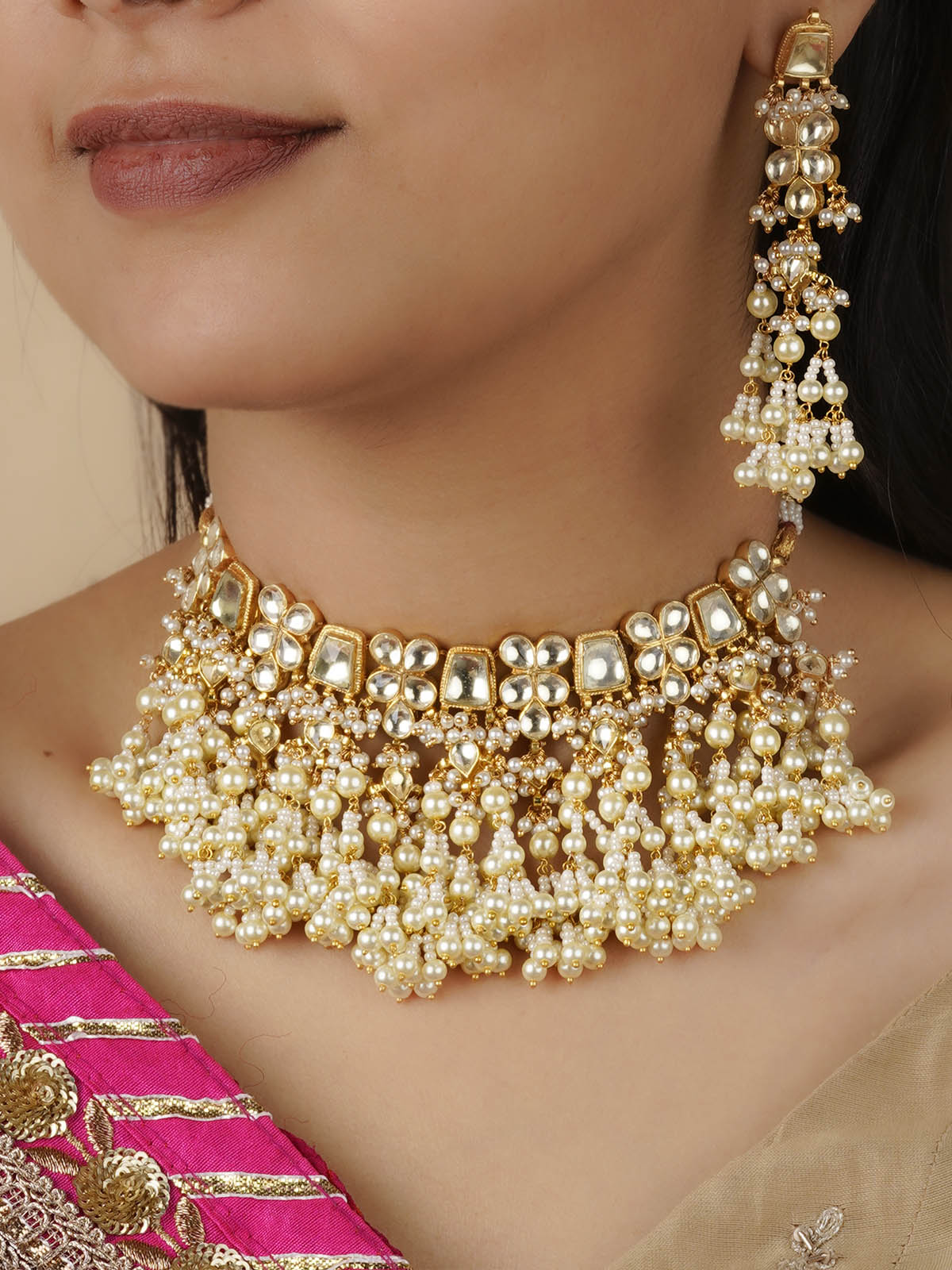 MS1637Y - White Color Gold Plated Jadau Kundan Necklace Set
