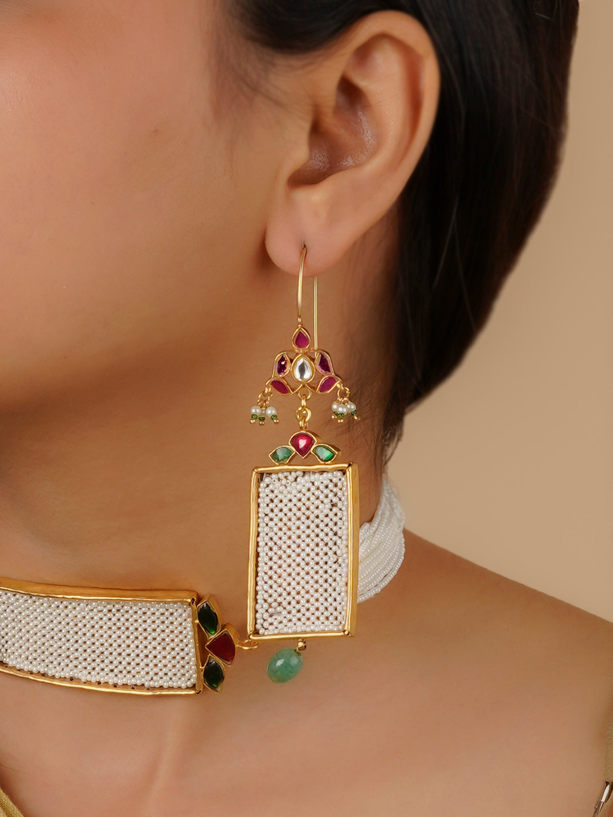 MS1650 - Multicolor Gold Plated Jadau Kundan Necklace Set