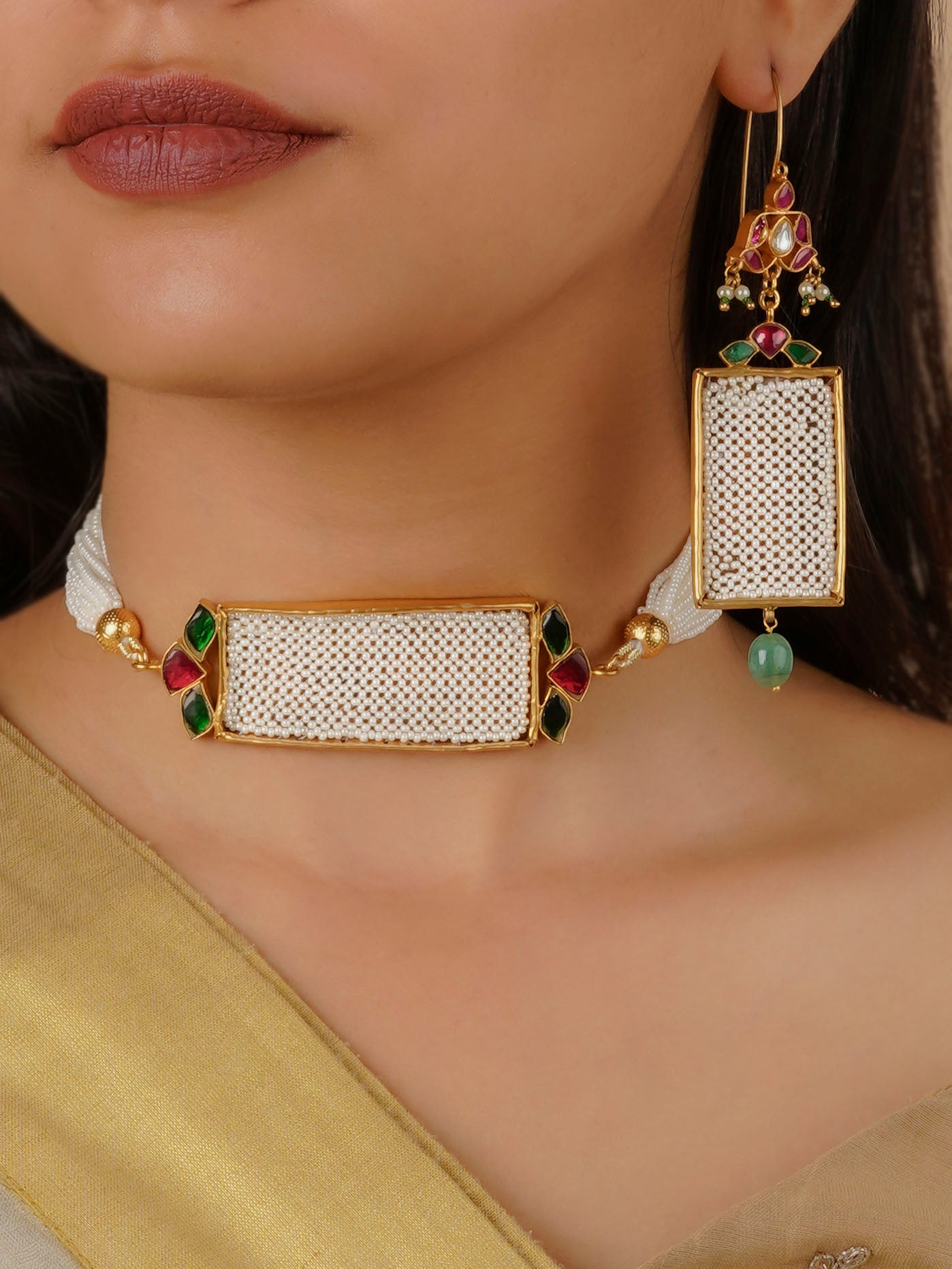 MS1650 - Multicolor Gold Plated Jadau Kundan Necklace Set