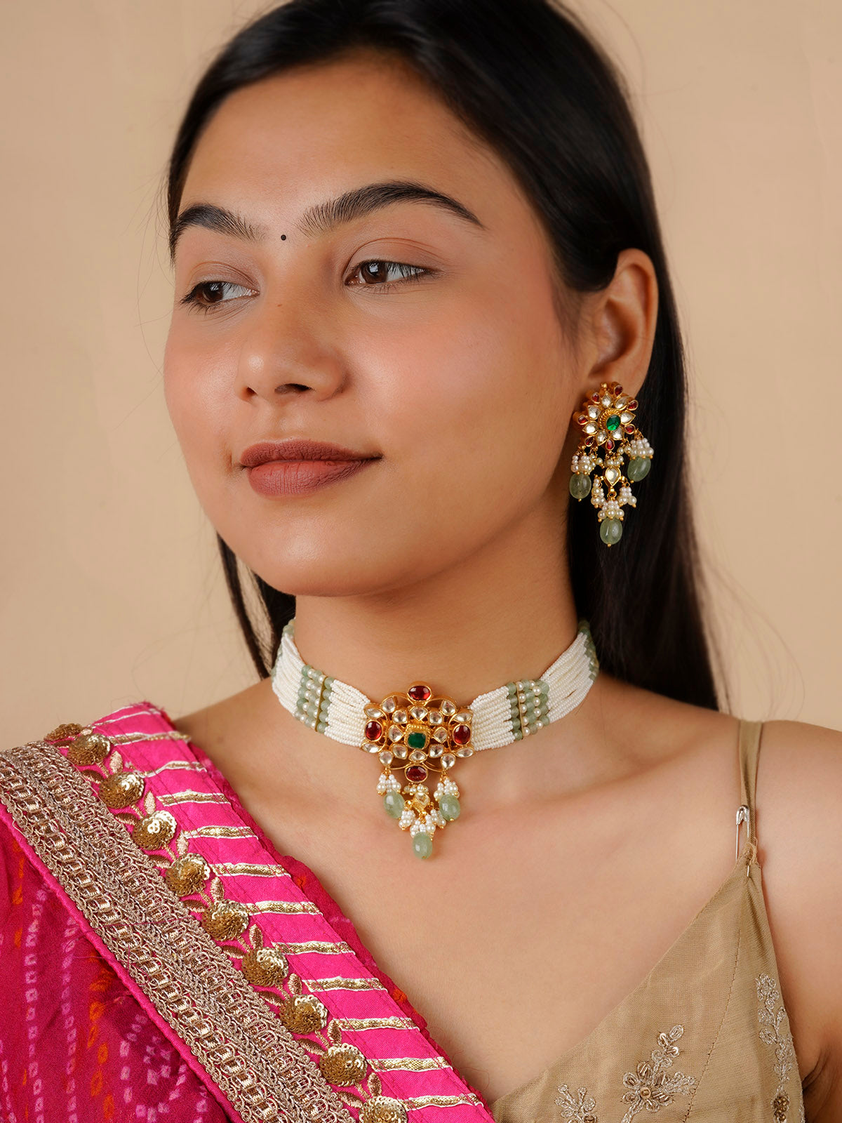 MS1654M - Multicolor Gold Plated Jadau Kundan Necklace Set
