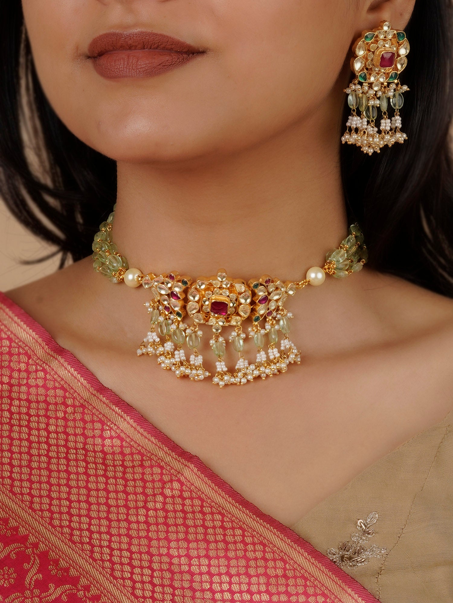MS1658M - Multicolor Gold Plated Jadau Kundan Necklace Set