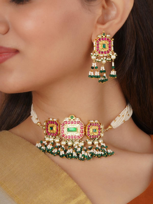 Multicolor Gold Plated Jadau Kundan Necklace Set - MS1663M