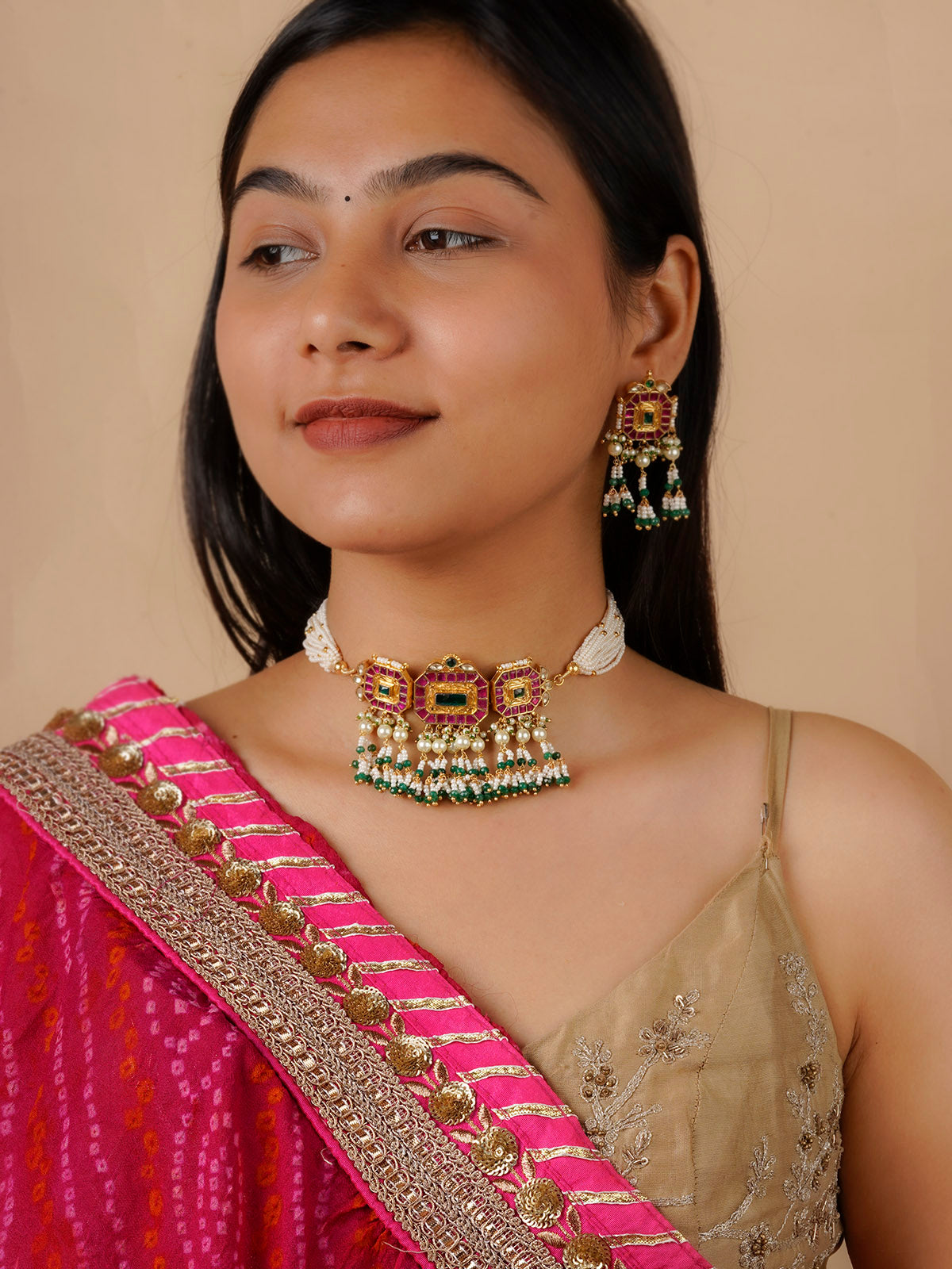 MS1663M - Multicolor Gold Plated Jadau Kundan Necklace Set