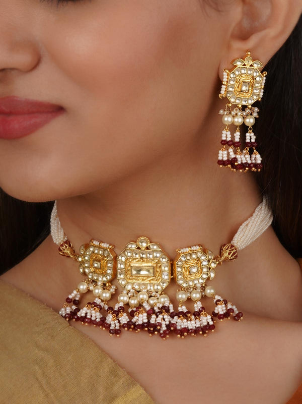 Maroon Color Gold Plated Jadau Kundan Necklace Set - MS1663Y