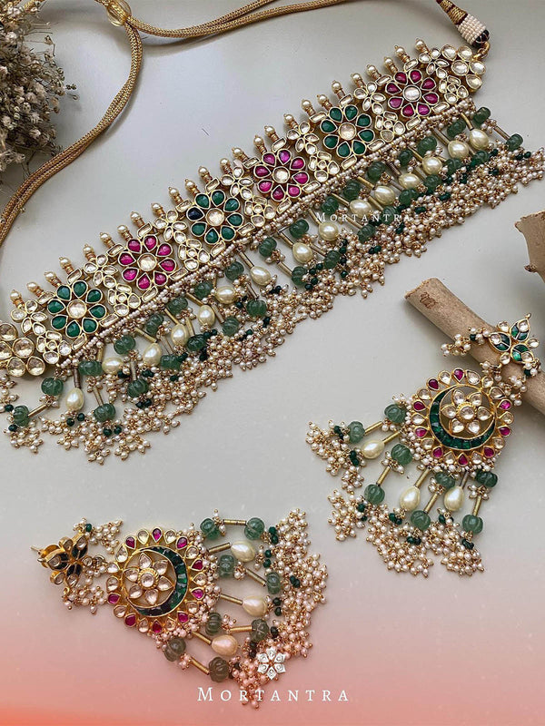 Multicolor Gold Plated Jadau Kundan Necklace Set - MS1670M