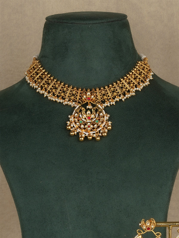 Multicolor Gold Plated Jadau Kundan Necklace Set - MS1672M