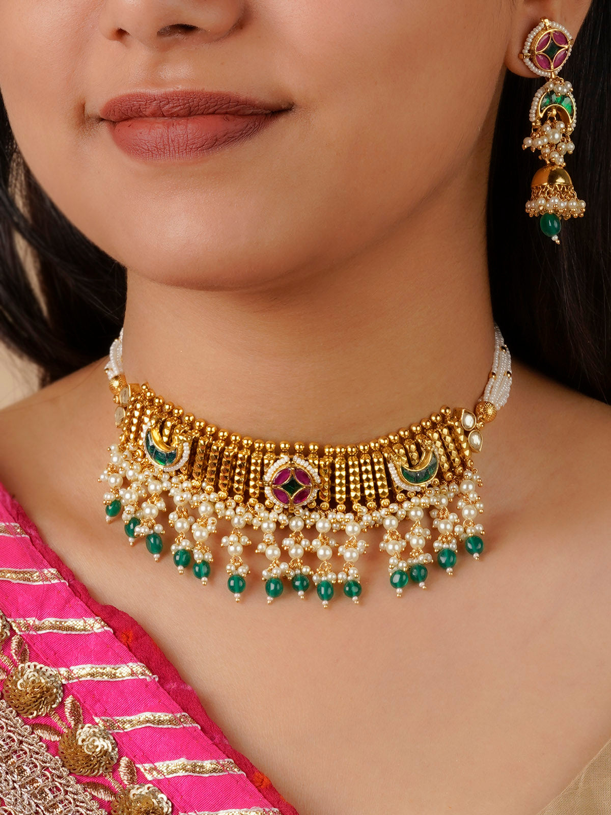 MS1678MB - Multicolor Gold Plated Jadau Kundan Necklace Set