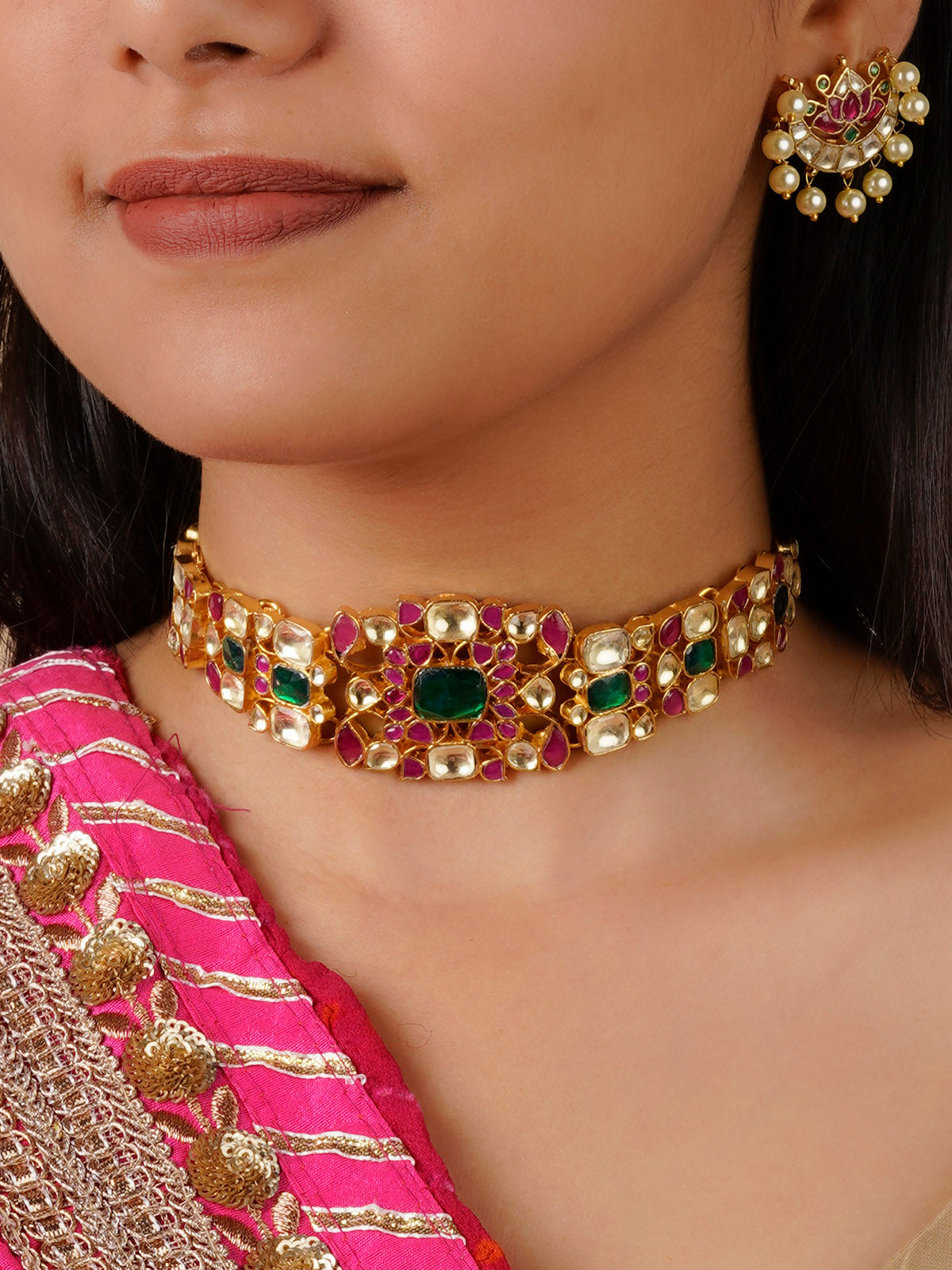 MS1680M - Multicolor Gold Plated Jadau Kundan Necklace Set