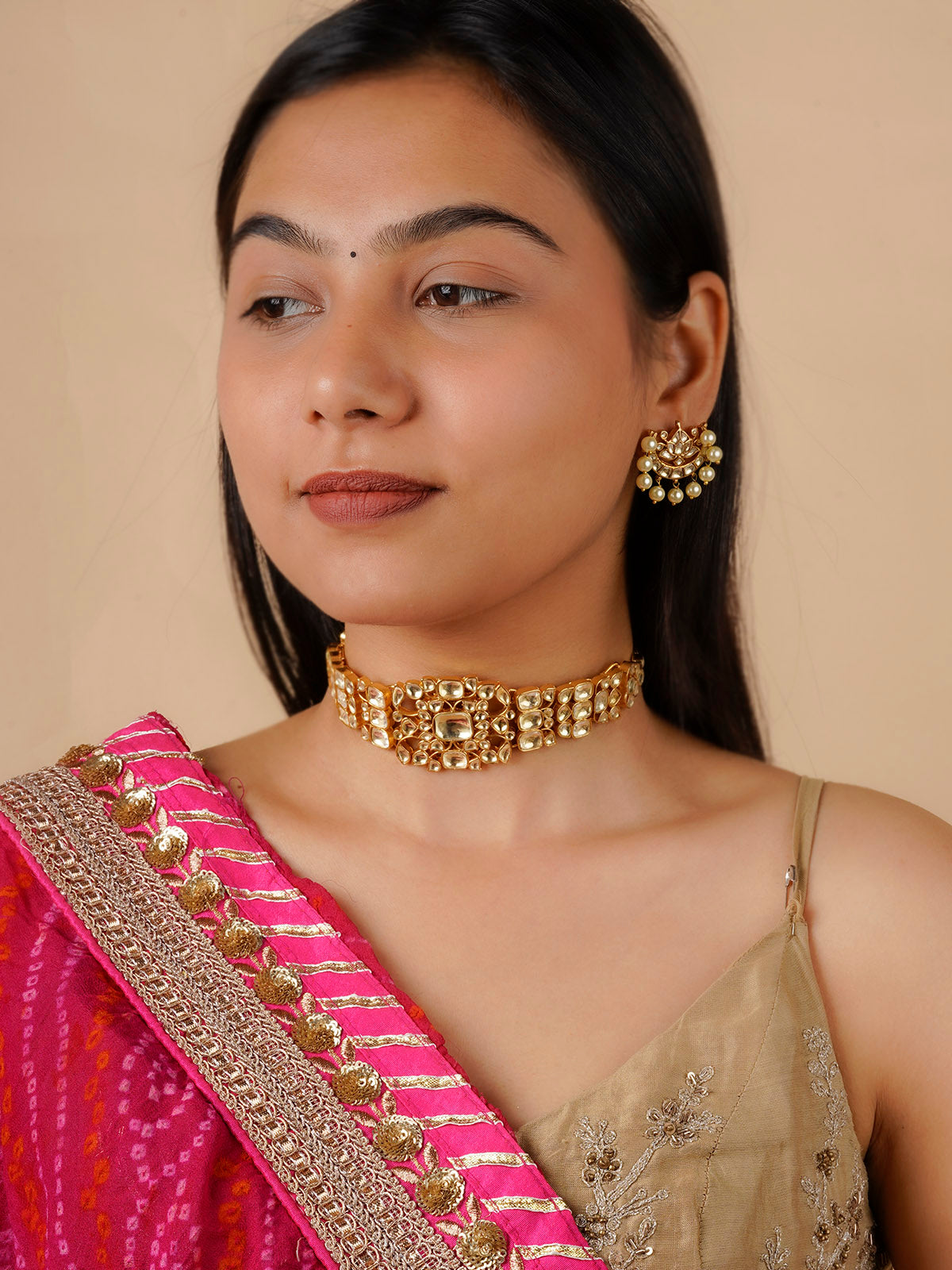 MS1680Y - White Color Gold Plated Jadau Kundan Necklace Set